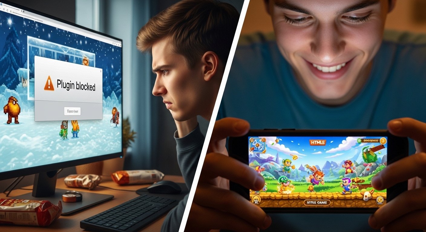  comparison showing the frustration of old Flash games versus the accessibility of modern HTML5 games